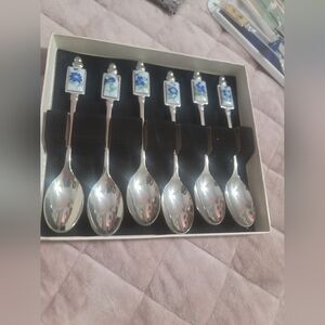 Elegant Silver and Blue Floral Teaspoon Set Of 6 Stainless And Porcelain 5.25